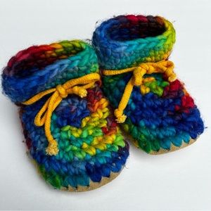 Child Size 9 Padraig Wool Rainbow Crocheted Slippers